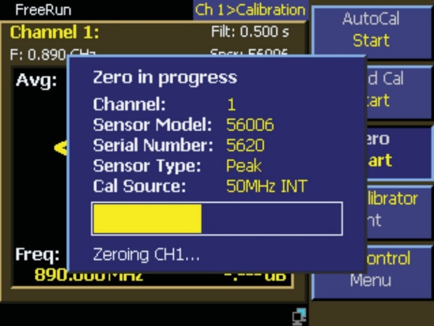 Power meter screen showing the zero progress bar advancing during sensor zeroing