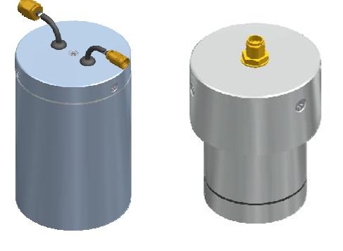 Two S-style SiPM detector renders: a two-connector compact can and a single-output flashlight-scale unit.