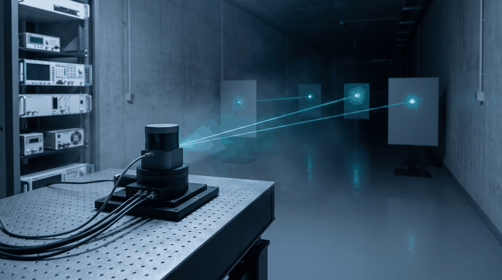 Illustration: a LiDAR sensor on a rotation stage fires down a test range toward target boards at increasing distance.