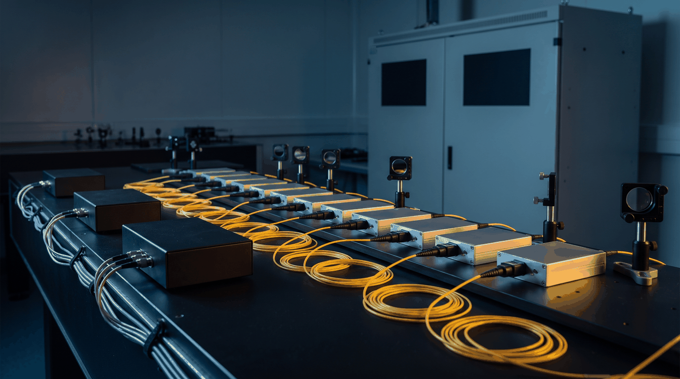 Illustration: fiber-coupled modulator stages on a laser front-end bench, with the equipment enclosure behind. No real facility or product is depicted.