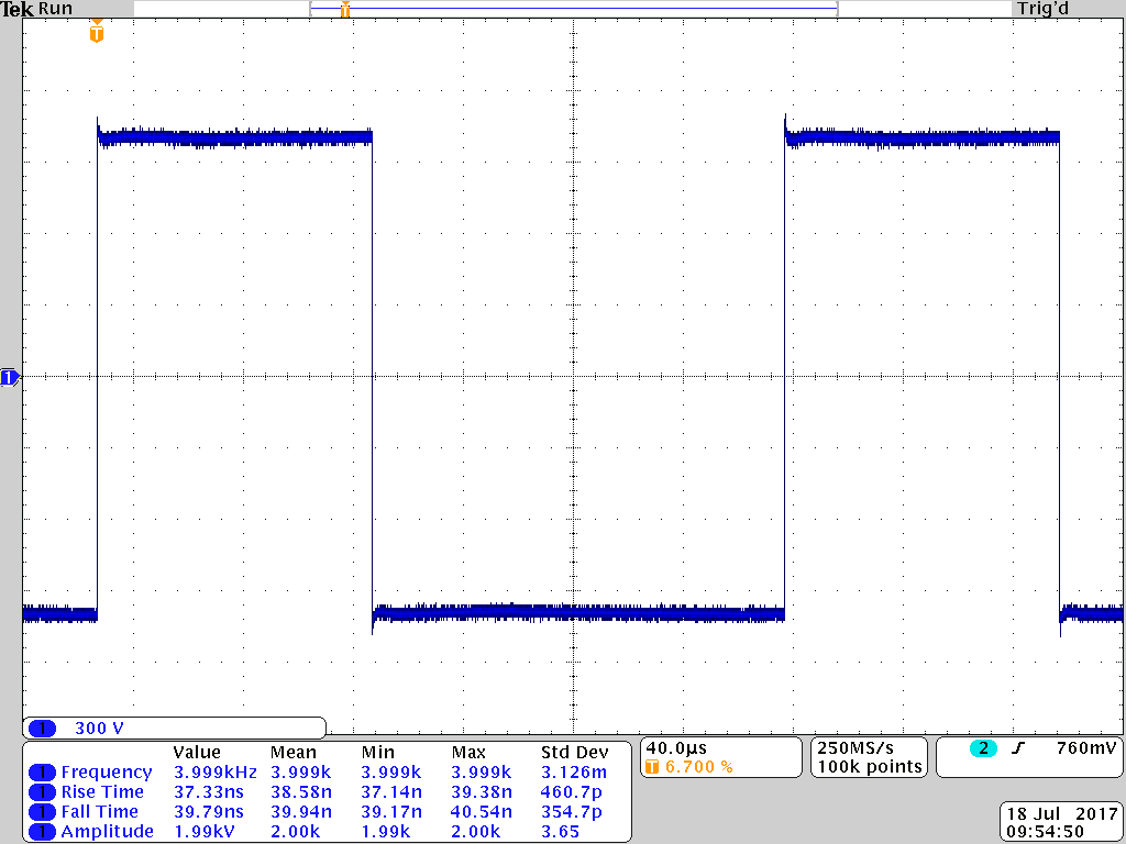 Oscilloscope capture of a bipolar PVX-4000-2kV-EX output pulse, plus and minus 1000 V at 4 kHz into a 344 pF load