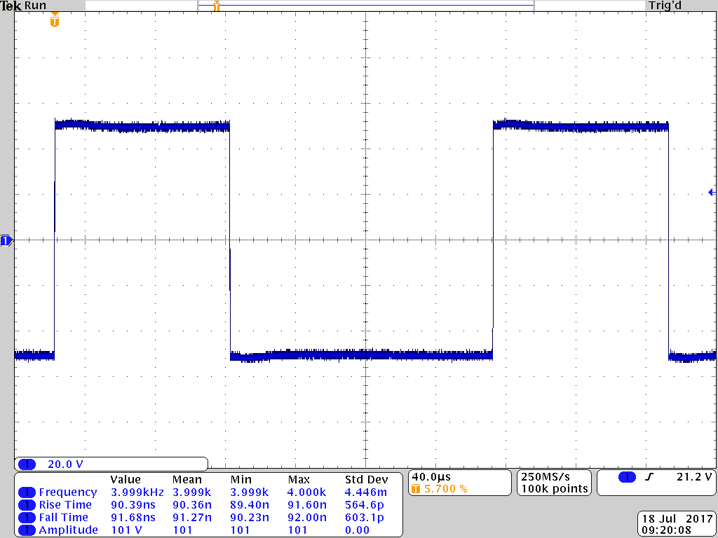 Oscilloscope capture of a bipolar PVX-4000-2kV-EX output pulse, plus and minus 50 V at 4 kHz into a 344 pF load