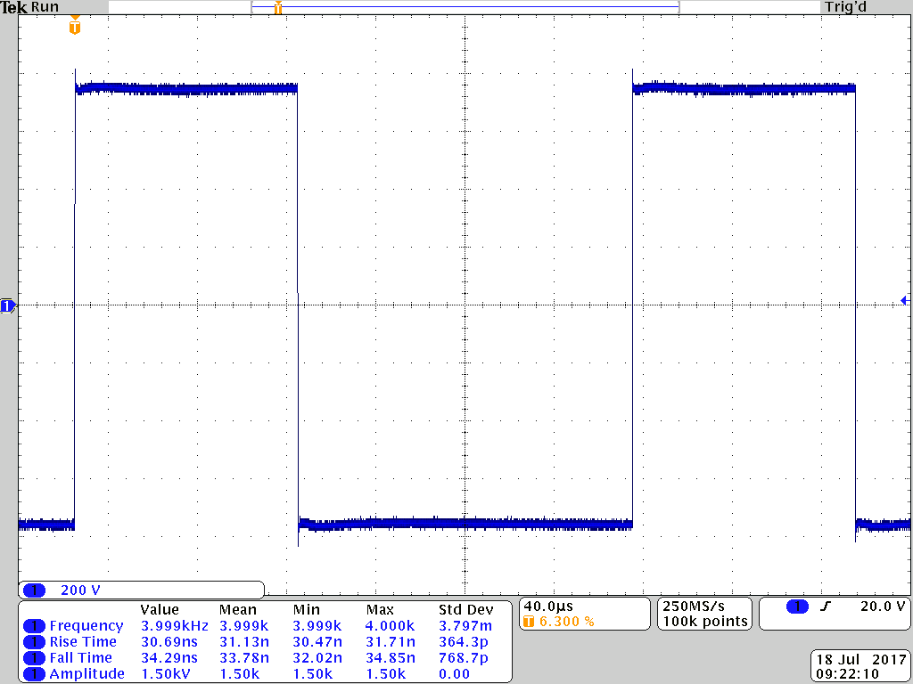 Oscilloscope capture of a bipolar PVX-4000-2kV-EX output pulse, plus and minus 750 V at 4 kHz into a 344 pF load