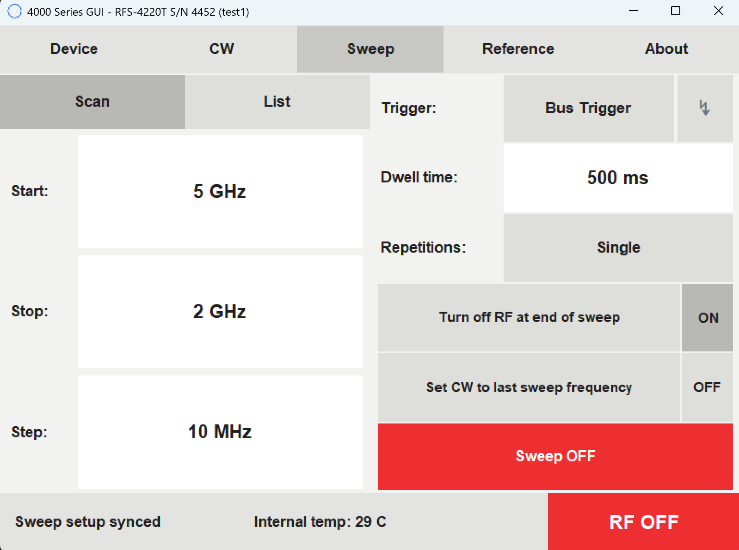 RFS-4220T Sweep Page (Frequency Mode)