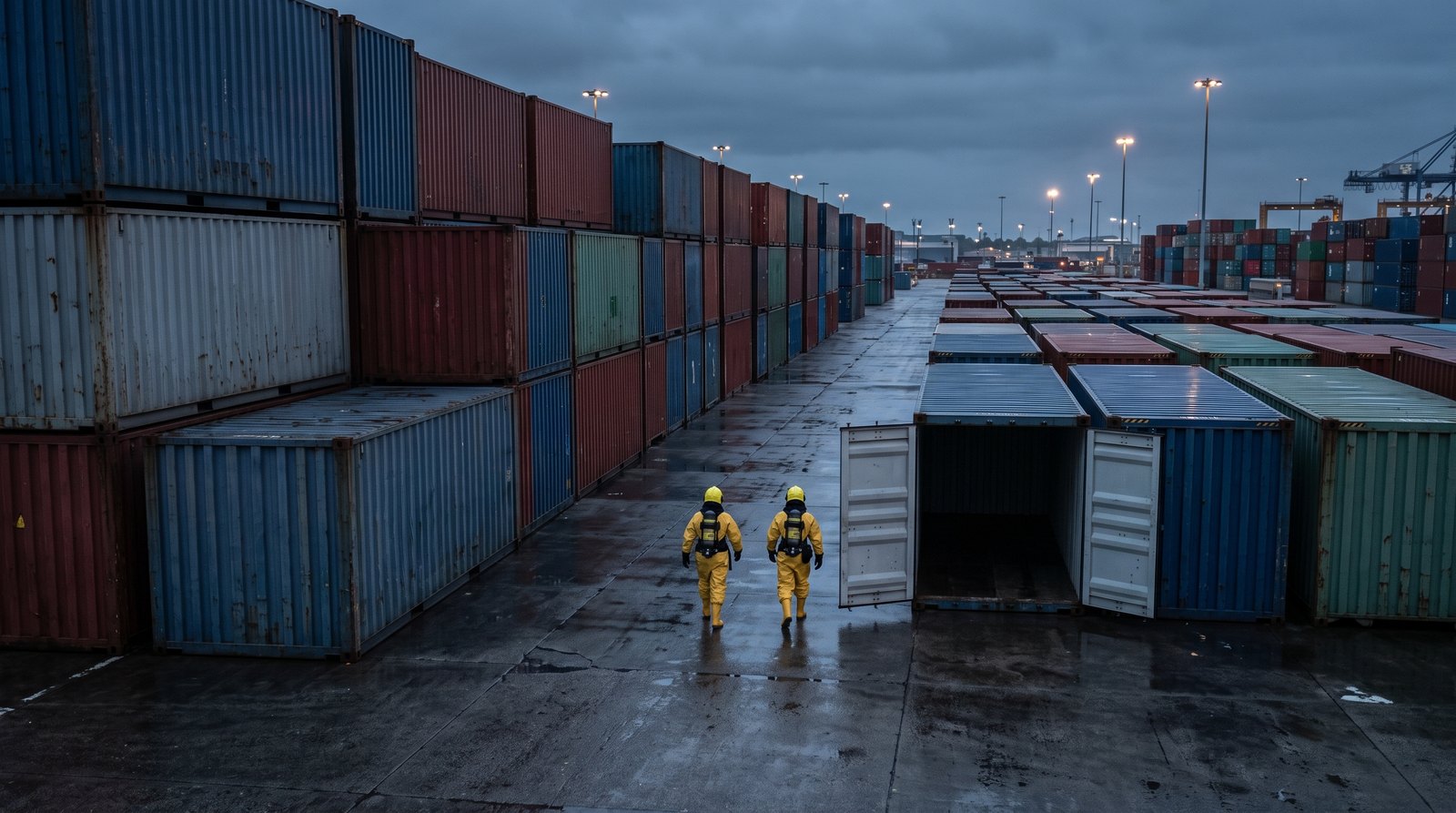 Illustration. Figure 1. A two-person entry team approaches a flagged container during secondary screening. The scene is illustrative; no real site, agency or instrument is depicted.