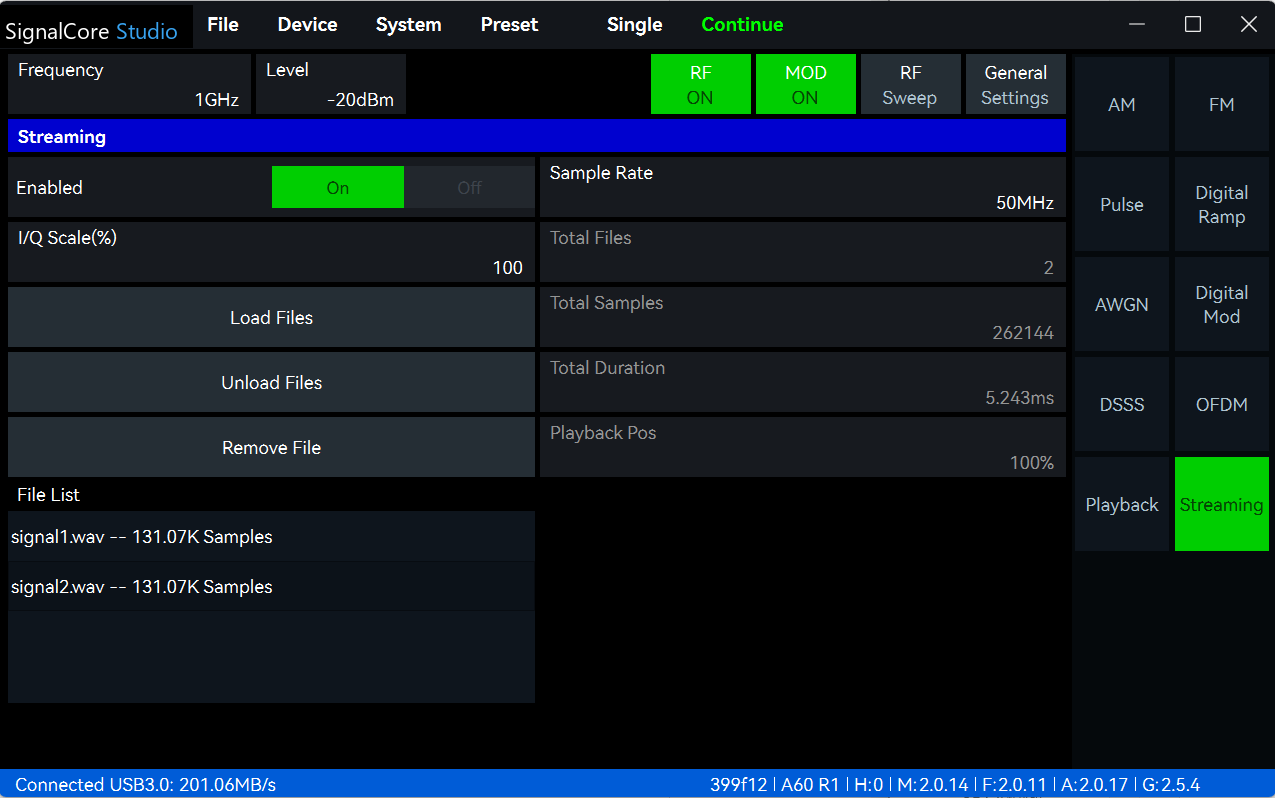 SignalCore Studio screen
