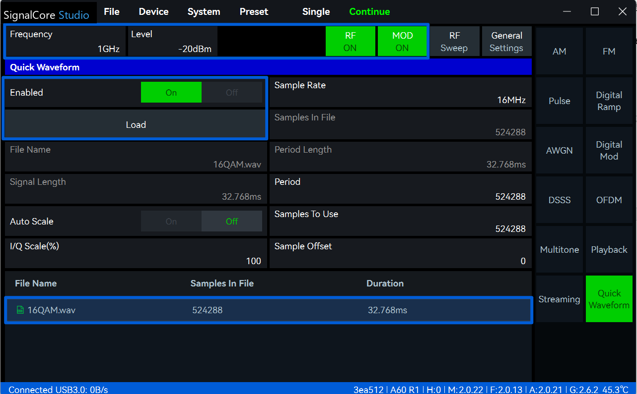 SignalCore Studio screen