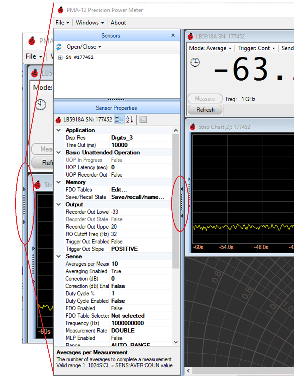 PowerEye Details Pane showing Application, Basic Unattended Operation, Memory, Output, and Sense settings