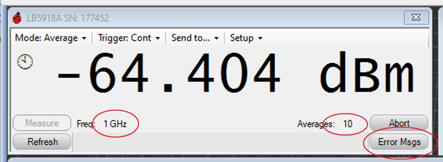PowerEye Sensor Window with Frequency, Averages, and Error Msgs controls circled