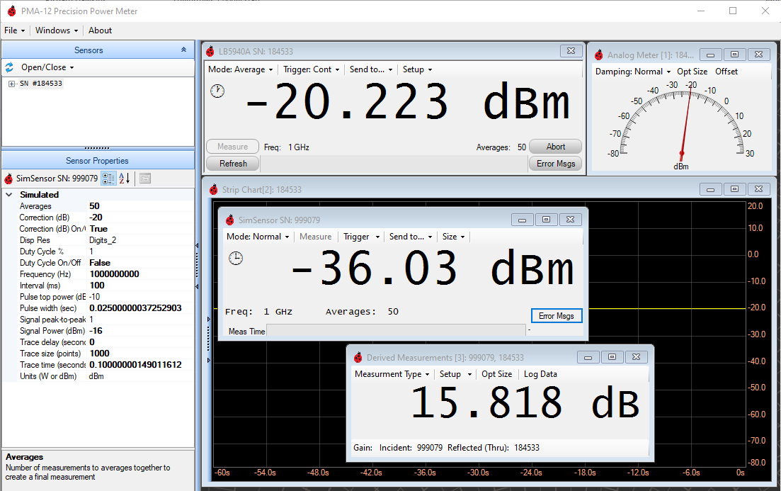 PowerEye Derived Measurement and Simulated Sensor windows showing a Gain measurement of 15.818 dB