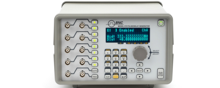 Figure 4 (Photo). Model 575 Digital Delay/Pulse Generator: 250 ps delay and width resolution per channel; 50 ps RMS internal rate generator jitter and 800 ps RMS external trigger jitter; individual rates per channel; dual inputs, gate plus trigger or two triggers with Option DT15; USB and RS-232 standard, Ethernet and GPIB with Option COM.