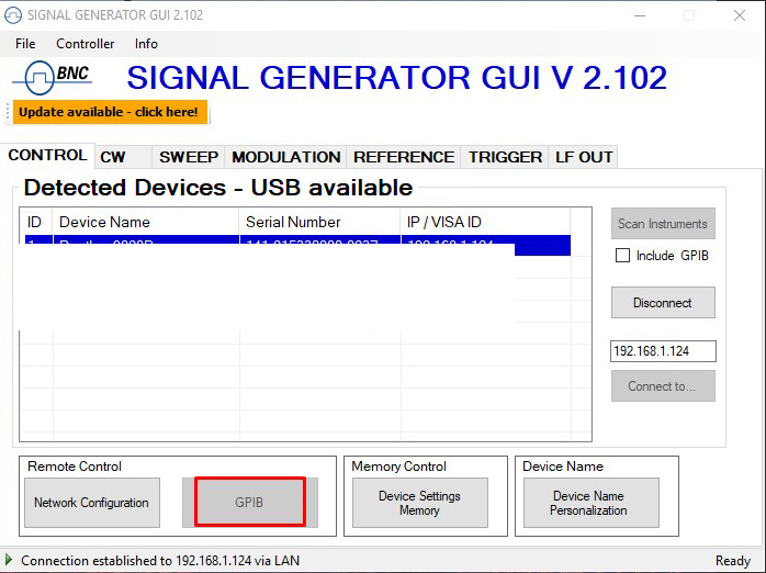 Figure 3. Measured: the CONTROL tab of the Signal Generator GUI, where the GPIB button (outlined) opens the GPIB address setting.