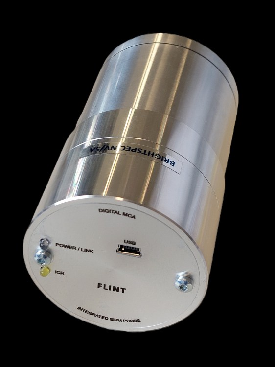 FLINT integrated gamma-ray spectrometer, showing the front panel with USB, POWER/LINK, and ICR indicators