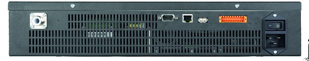 HVX-Series rear panel: HV connector, RS232, Ethernet, USB, I/O terminal block, AC inlet, power switch