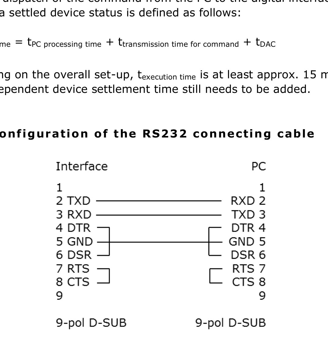 RS232 null-modem wiring between the interface 9-pin D-SUB and the PC 9-pin D-SUB: pin 2 TXD to pin 2 RXD crossed to pin 3, pin 3 RXD crossed to pin 2 TXD, pin 5 GND to pin 5 GND, with DTR/DSR (4/6) and RTS/CTS (7/8) looped at each end