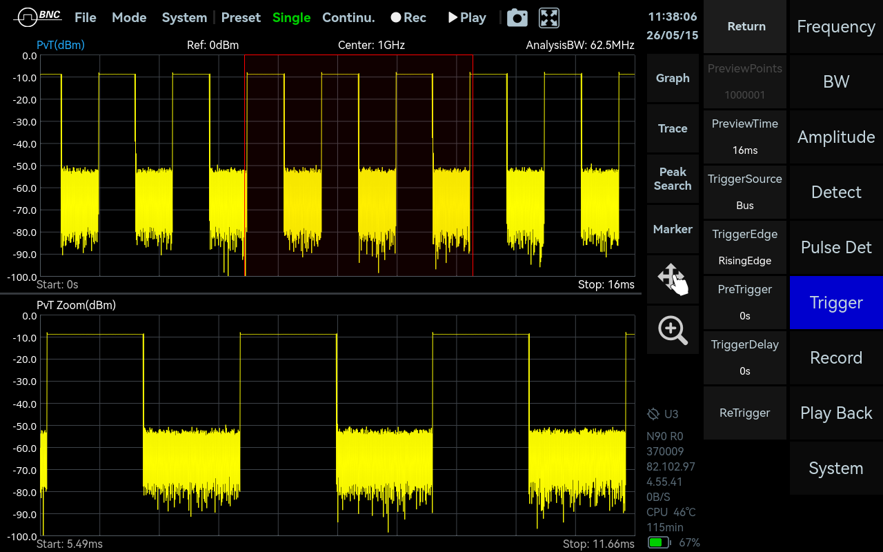 SpectraCore screenshot: Power Detection Analysis mode in SpectraCore.