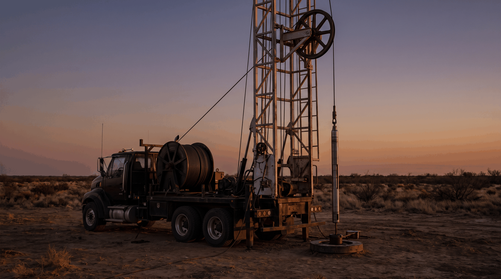 Illustration: a wireline logging unit at a well site, with the tool string at the wellhead; no real site is depicted.